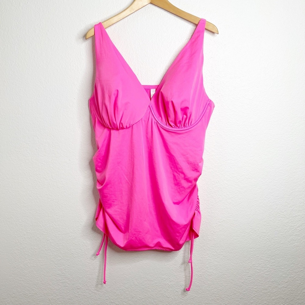 Swim by Cacique Hot Pink Ruched Underwire Tankini Top 44DD Adjustable Straps